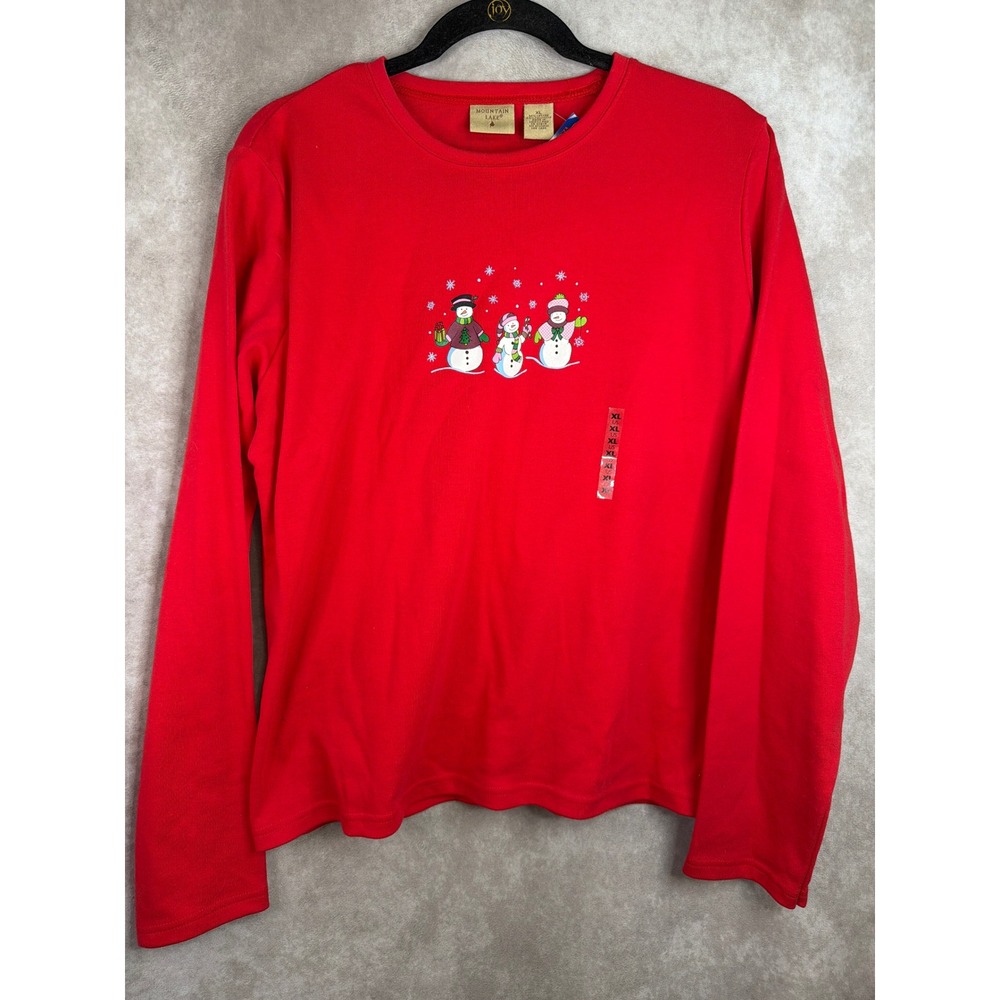 VTG NWT Mountain Lake T-Shirt Women XL Red Holiday Snowman Graphic Long Sleeve